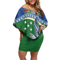 Melanesian Solomon Islands Family Matching Off Shoulder Short Dress and Hawaiian Shirt Tropical Shark Tattoo LT9 Mom's Dress Blue - Polynesian Pride