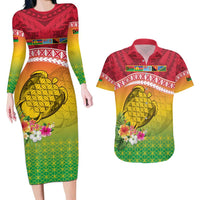 Melanesian Ni-Vanuatu Couples Matching Long Sleeve Bodycon Dress and Hawaiian Shirt Sea Turtle with Sand Drawing Pattern LT9 Reggae - Polynesian Pride