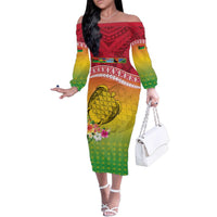 Melanesian Ni-Vanuatu Family Matching Off The Shoulder Long Sleeve Dress and Hawaiian Shirt Sea Turtle with Sand Drawing Pattern LT9 Mom's Dress Reggae - Polynesian Pride