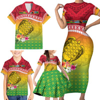 Melanesian Ni-Vanuatu Family Matching Short Sleeve Bodycon Dress and Hawaiian Shirt Sea Turtle with Sand Drawing Pattern LT9 - Polynesian Pride