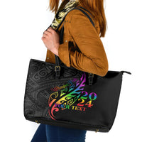 Personalised New Zealand Wellington Pride Leather Tote Bag Maori Fern with Pride Flag 2024 LT9 Black - Polynesian Pride