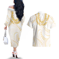 Aloha Lei Onaona Couples Matching Off The Shoulder Long Sleeve Dress and Hawaiian Shirt Beige Hawaiian Tribal Pattern LT9 - Polynesian Pride