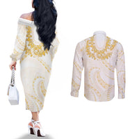 Aloha Lei Onaona Couples Matching Off The Shoulder Long Sleeve Dress and Long Sleeve Button Shirt Beige Hawaiian Tribal Pattern LT9 - Polynesian Pride