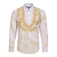 Aloha Lei Onaona Long Sleeve Button Shirt Beige Hawaiian Tribal Pattern LT9 Unisex Beige - Polynesian Pride