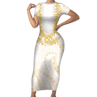 Aloha Lei Onaona Short Sleeve Bodycon Dress Beige Hawaiian Tribal Pattern