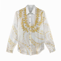 Aloha Lei Onaona Women Casual Shirt Beige Hawaiian Tribal Pattern