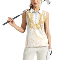 Aloha Lei Onaona Women Sleeveless Polo Shirt Beige Hawaiian Tribal Pattern