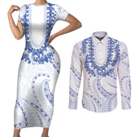 Aloha Lei Onaona Couples Matching Short Sleeve Bodycon Dress and Long Sleeve Button Shirt Navy Blue Hawaiian Tribal Pattern LT9 Blue - Polynesian Pride