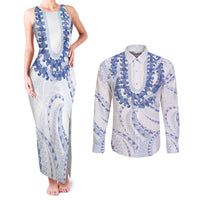 Aloha Lei Onaona Couples Matching Tank Maxi Dress and Long Sleeve Button Shirt Navy Blue Hawaiian Tribal Pattern LT9 Blue - Polynesian Pride