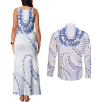 Aloha Lei Onaona Couples Matching Tank Maxi Dress and Long Sleeve Button Shirt Navy Blue Hawaiian Tribal Pattern LT9 - Polynesian Pride
