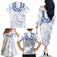 Aloha Lei Onaona Family Matching Off The Shoulder Long Sleeve Dress and Hawaiian Shirt Navy Blue Hawaiian Tribal Pattern LT9 - Polynesian Pride
