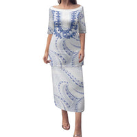 Aloha Lei Onaona Family Matching Puletasi and Hawaiian Shirt Navy Blue Hawaiian Tribal Pattern LT9 Mom's Dress Blue - Polynesian Pride