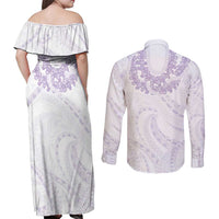 Aloha Lei Onaona Couples Matching Off Shoulder Maxi Dress and Long Sleeve Button Shirt Purple Hawaiian Tribal Pattern LT9 - Polynesian Pride