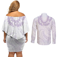 Aloha Lei Onaona Couples Matching Off Shoulder Short Dress and Long Sleeve Button Shirt Purple Hawaiian Tribal Pattern LT9 - Polynesian Pride