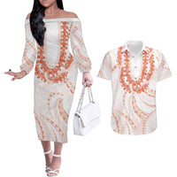 Aloha Lei Onaona Couples Matching Off The Shoulder Long Sleeve Dress and Hawaiian Shirt Red Hawaiian Tribal Pattern LT9 Red - Polynesian Pride