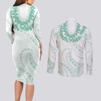 Aloha Lei Onaona Couples Matching Long Sleeve Bodycon Dress and Long Sleeve Button Shirt Sage Green Hawaiian Tribal Pattern LT9 - Polynesian Pride
