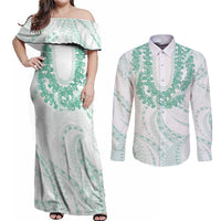 Aloha Lei Onaona Couples Matching Off Shoulder Maxi Dress and Long Sleeve Button Shirt Sage Green Hawaiian Tribal Pattern LT9 Green - Polynesian Pride