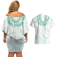 Aloha Lei Onaona Couples Matching Off Shoulder Short Dress and Hawaiian Shirt Sage Green Hawaiian Tribal Pattern LT9 - Polynesian Pride