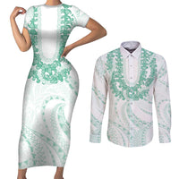 Aloha Lei Onaona Couples Matching Short Sleeve Bodycon Dress and Long Sleeve Button Shirt Sage Green Hawaiian Tribal Pattern LT9 Green - Polynesian Pride