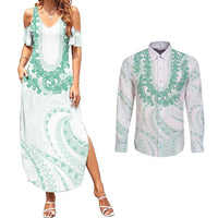 Aloha Lei Onaona Couples Matching Summer Maxi Dress and Long Sleeve Button Shirt Sage Green Hawaiian Tribal Pattern LT9 Green - Polynesian Pride