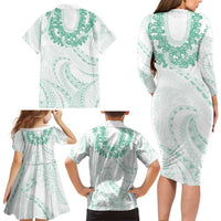 Aloha Lei Onaona Family Matching Long Sleeve Bodycon Dress and Hawaiian Shirt Sage Green Hawaiian Tribal Pattern LT9 - Polynesian Pride