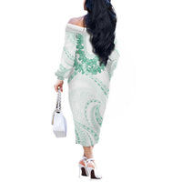 Aloha Lei Onaona Off The Shoulder Long Sleeve Dress Sage Green Hawaiian Tribal Pattern