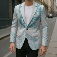Aloha Lei Onaona Blazer Teal Hawaiian Tribal Pattern - Polynesian Pride