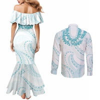 Aloha Lei Onaona Couples Matching Mermaid Dress and Long Sleeve Button Shirt Teal Hawaiian Tribal Pattern LT9 - Polynesian Pride