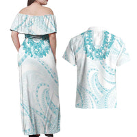 Aloha Lei Onaona Couples Matching Off Shoulder Maxi Dress and Hawaiian Shirt Teal Hawaiian Tribal Pattern LT9 - Polynesian Pride