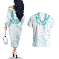 Aloha Lei Onaona Couples Matching Off The Shoulder Long Sleeve Dress and Hawaiian Shirt Teal Hawaiian Tribal Pattern LT9 - Polynesian Pride