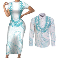 Aloha Lei Onaona Couples Matching Short Sleeve Bodycon Dress and Long Sleeve Button Shirt Teal Hawaiian Tribal Pattern LT9 Teal - Polynesian Pride