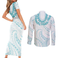 Aloha Lei Onaona Couples Matching Short Sleeve Bodycon Dress and Long Sleeve Button Shirt Teal Hawaiian Tribal Pattern LT9 - Polynesian Pride