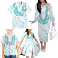 Aloha Lei Onaona Family Matching Off The Shoulder Long Sleeve Dress and Hawaiian Shirt Teal Hawaiian Tribal Pattern LT9 - Polynesian Pride