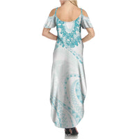 Aloha Lei Onaona Family Matching Summer Maxi Dress and Hawaiian Shirt Teal Hawaiian Tribal Pattern LT9 - Polynesian Pride