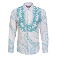 Aloha Lei Onaona Family Matching Tank Maxi Dress and Hawaiian Shirt Teal Hawaiian Tribal Pattern LT9 Dad's Shirt - Long Sleeve Teal - Polynesian Pride