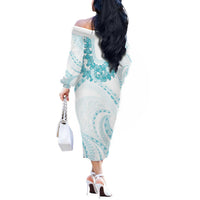Aloha Lei Onaona Off The Shoulder Long Sleeve Dress Teal Hawaiian Tribal Pattern