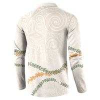 Aloha Lei Mikioi Button Sweatshirt Beige Polynesian Tribal Tatau Pattern