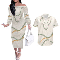 Aloha Lei Mikioi Couples Matching Off The Shoulder Long Sleeve Dress and Hawaiian Shirt Beige Polynesian Tribal Tatau Pattern LT9 Beige - Polynesian Pride