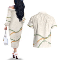 Aloha Lei Mikioi Couples Matching Off The Shoulder Long Sleeve Dress and Hawaiian Shirt Beige Polynesian Tribal Tatau Pattern LT9 - Polynesian Pride