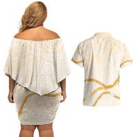 Aloha Lei Mikioi Couples Matching Off Shoulder Short Dress and Hawaiian Shirt Gold Polynesian Tribal Tatau Pattern LT9 - Polynesian Pride
