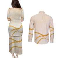 Aloha Lei Mikioi Couples Matching Puletasi and Long Sleeve Button Shirt Gold Polynesian Tribal Tatau Pattern