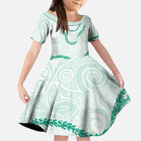Aloha Lei Mikioi Family Matching Off The Shoulder Long Sleeve Dress and Hawaiian Shirt Sage Green Polynesian Tribal Tatau Pattern LT9 Daughter's Dress Green - Polynesian Pride