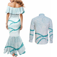 Aloha Lei Mikioi Couples Matching Mermaid Dress and Long Sleeve Button Shirt Teal Polynesian Tribal Tatau Pattern LT9 - Polynesian Pride