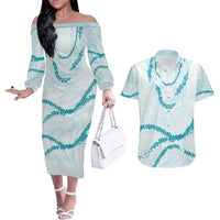 Aloha Lei Mikioi Couples Matching Off The Shoulder Long Sleeve Dress and Hawaiian Shirt Teal Polynesian Tribal Tatau Pattern LT9 Teal - Polynesian Pride