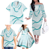 Aloha Lei Mikioi Family Matching Off The Shoulder Long Sleeve Dress and Hawaiian Shirt Teal Polynesian Tribal Tatau Pattern LT9 - Polynesian Pride
