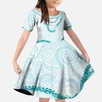 Aloha Lei Mikioi Family Matching Off Shoulder Maxi Dress and Hawaiian Shirt Teal Polynesian Tribal Tatau Pattern LT9 Daughter's Dress Teal - Polynesian Pride