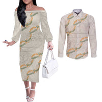 Aloha Pakalana and Puakenikeni Lei Couples Matching Off The Shoulder Long Sleeve Dress and Long Sleeve Button Shirt Beige Hawaiian Pattern LT9 Beige - Polynesian Pride