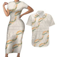 Aloha Pakalana and Puakenikeni Lei Couples Matching Short Sleeve Bodycon Dress and Hawaiian Shirt Beige Hawaiian Pattern LT9 Beige - Polynesian Pride