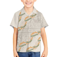 Aloha Pakalana and Puakenikeni Lei Family Matching Off Shoulder Short Dress and Hawaiian Shirt Beige Hawaiian Pattern LT9 Son's Shirt Beige - Polynesian Pride