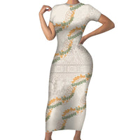 Aloha Pakalana and Puakenikeni Lei Short Sleeve Bodycon Dress Beige Hawaiian Pattern LT9 Long Dress Beige - Polynesian Pride